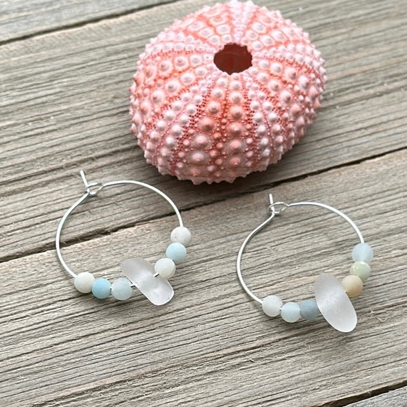 Sea Glass Earrings Boho Hoop| Genuine Seaglass| Beach Jewelry Gift For Her - Picture 1 of 6